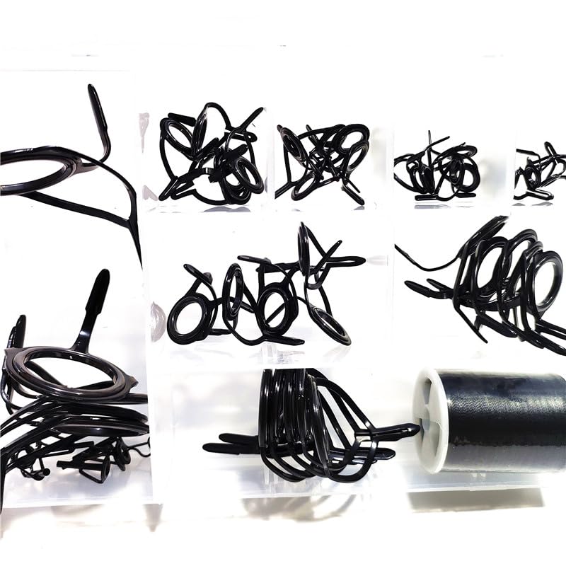 Kalavarma Fishing Rod Repair Kit 47 Pcs for Spinning and Casting Rod Guides,Set Mixed Size Double Leg Stainless Steel,Fishing Rod Repair Kit Guide Tip Top Repare Black Color