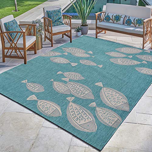 Gertmenian Indoor/Outdoor Flatweave Area Rug - 9x13 Extra Large, Stain & UV Resistant, Ideal For Deck, Patio, Poolside, Mudroom - Exotic Fish, Oasis Green, 22006 - color: Exotic Fish Oasis Green, size: 8'9" x 13'1" (Rectangular)