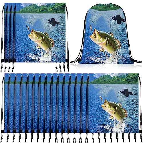Sanwuta 20 Pcs Fishing Party Favors Fishing Gift Bags Drawstring Bags 17 x 13.4 Inches Fish Party Collection Fish Backpack Fisherman Birthday Decorations for Women Man