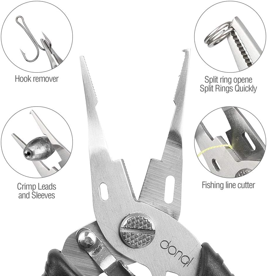 DONQL Fishing Pliers, Stainless Steel Fish Hook Remover Tool, Fishing Split Ring Pliers, Line Cutter Crimper, Fishing Gear for Saltwater Freshwater with Lanyard Sheath