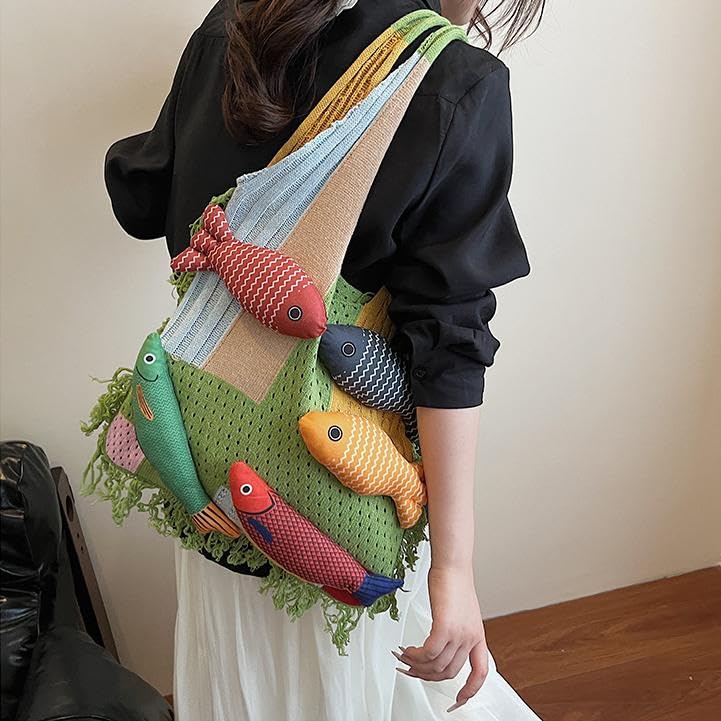 Knitted Beach Shoulder Bag for Women 3D Fish Bohemian Tote Versatile Purse Soft Hobo Handbag for Summer Vacation 2026 - color: A Green
