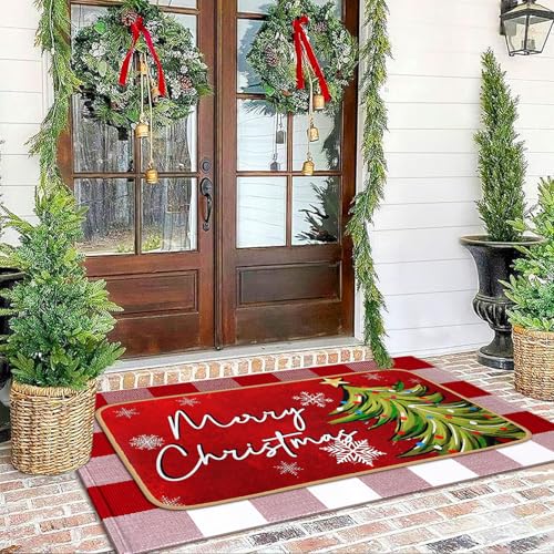 Tinideya 2 Pcs Christmas Door Mat Outdoor Whimsical Xmas Tree Front Doormat Nonslip Red and White Buffalo Plaid Layered Linen Rubber Xmas Rugs Merry Christmas Decor for Front Porch Entryway Outside - size: 16 x 28 Inch,24 x 35 Inch, style: Christmas Tree