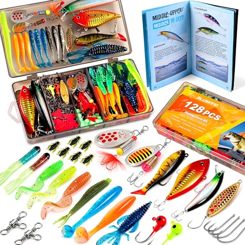 PLUSINNO Fishing Lures, All-in-One Fishing Tackle Box with Tackle Included, Fishing Gear Lure Bait Accessories Kit for Freshwater Bass Trout, Ideal Fishing Gifts for Men, Father & Beginners - color: 128Pcs Fishing Lures Kit