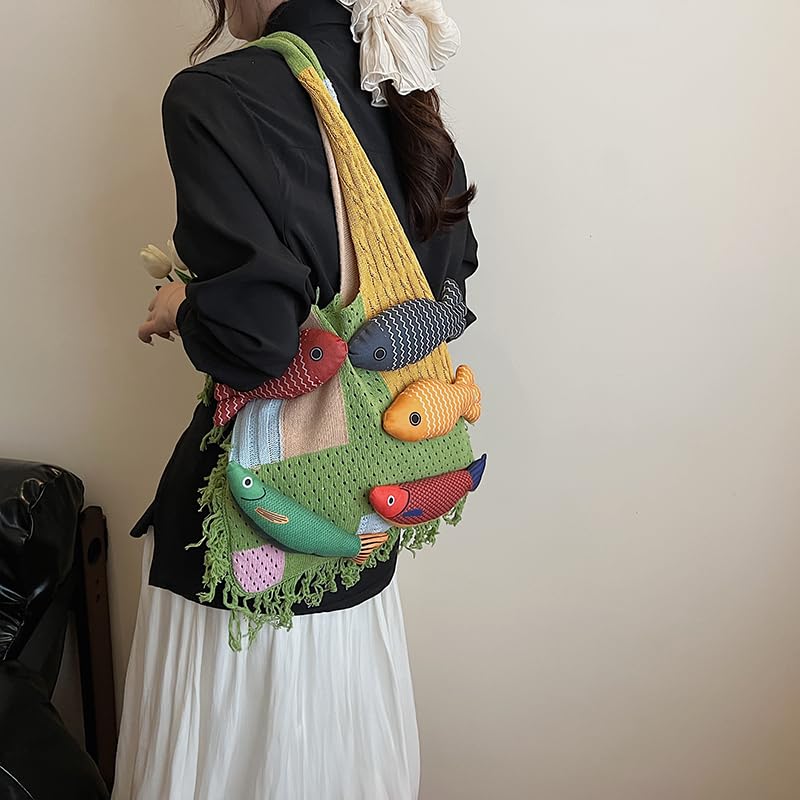Bohemian style travel handbag for women large-capacity woven bag vacation beach seaside tote bag crochet purse - color: Green