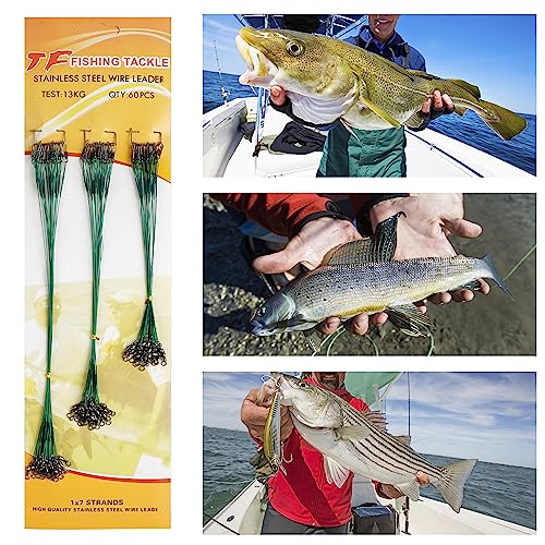 Fishing Leaders Saltwater,60pcs Stainless Steel Wire Leaders with Swivels Snap High Strength Fishing Line Leader for Connect Fishing Tackle Lure Bait Rig Hooks,6/8/10inch - color: Green - 60pcs (6"+8"+10")