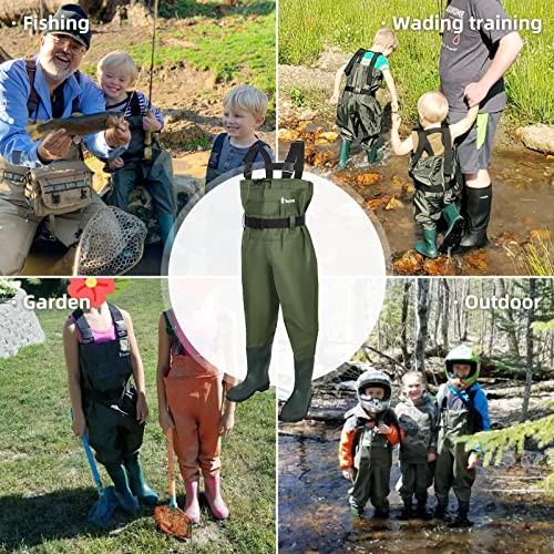 Kids Chest Waders for Toddler Children Waterproof with Insulated Boots - color: Green, size: 4/5