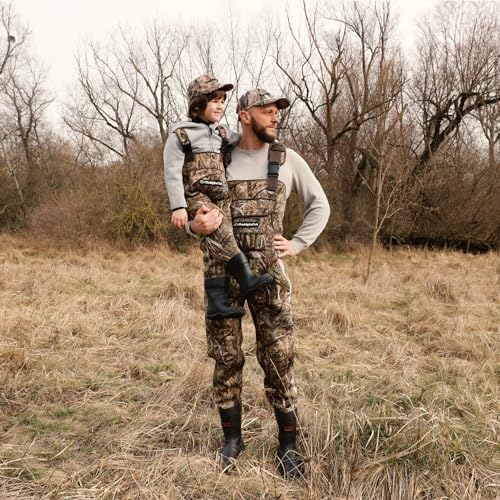 DaddyGoFish Neoprene Chest Waders for Kids and Adults, BootFoot, Fishing & Hunting with a Camouflage Caps, and a Wader Hanger - size: Age 6/7 Little Kid