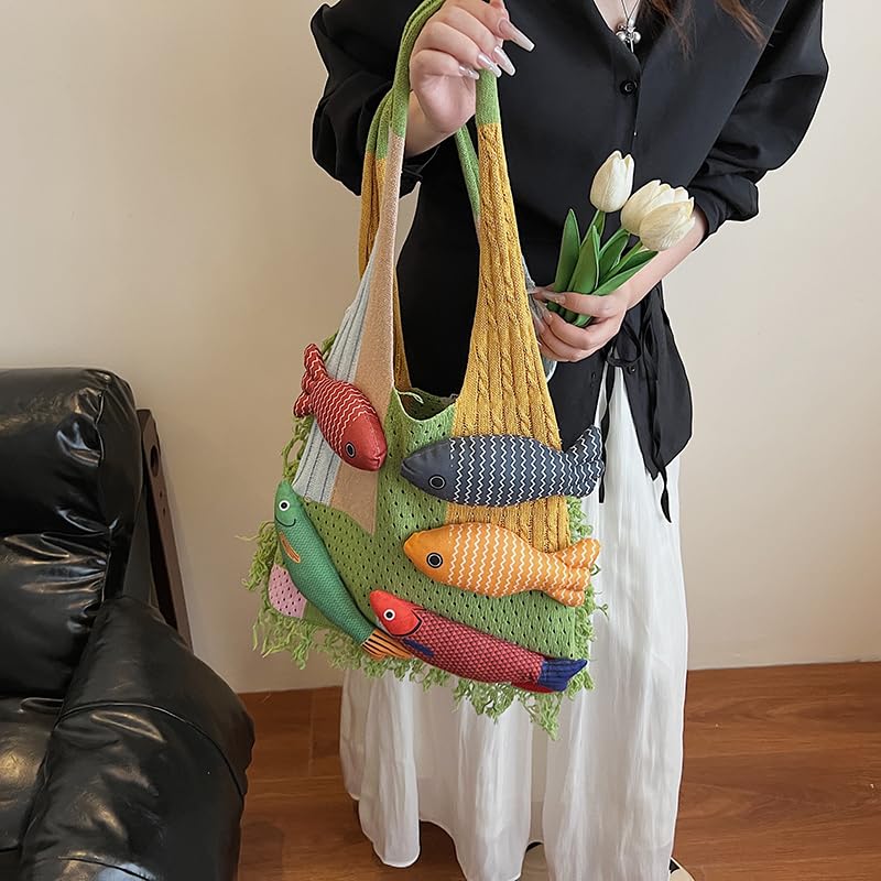 Bohemian style travel handbag for women large-capacity woven bag vacation beach seaside tote bag crochet purse - color: Green