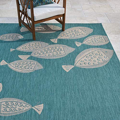 Gertmenian Indoor Outdoor Area Rug, Classic Flatweave, Washable, Stain & UV Resistant Carpet, Deck, Patio, Poolside & Mudroom, 8x10 Ft Large, Exotic Fish, Oasis Green - color: Exotic Fish Oasis Green, size: 7'10" x 10' (Rectangular)