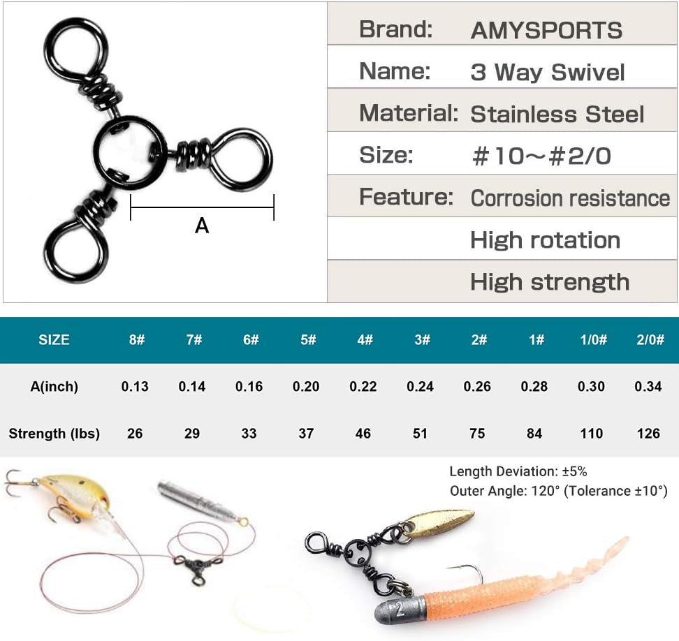 AMYSPORTS Fishing Connector Fish Swivels Tackle 3 Way Fishing Swivel Saltwater Freshwater Fishing Tackle Accessories Crossline Trolling Line Lure Connector - size: Size2/0 (126lb) 50 pcs