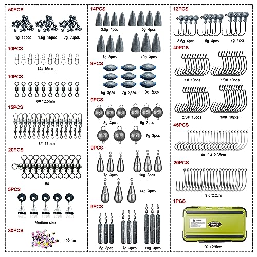 306pcs Fishing Lure Accessories Kit Including Hooks, Sinkers Weights, Rubber Bobber, Jigs, Beads, Swivels Snaps, Fishing Gear Kit with Tackle Box