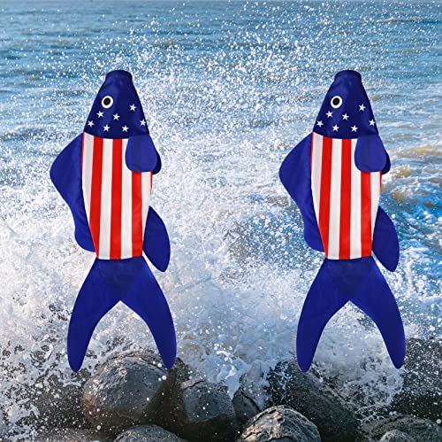 USA American Fish Wind Sock | Patriotic Wind Socks for Outside 40 Inch Summer Windsocks Durable - color: blue