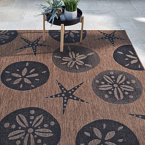 Gertmenian Indoor/Outdoor Flatweave Area Rug - 8x10 Large, Stain & UV Resistant, Ideal For Deck, Patio, Poolside, Mudroom - Sand Dollar Starfish, Nut Brown/Black, 22011 - color: Sand Dollar Starfish Nut Brown Black, size: 7'10" x 10' (Rectangular)