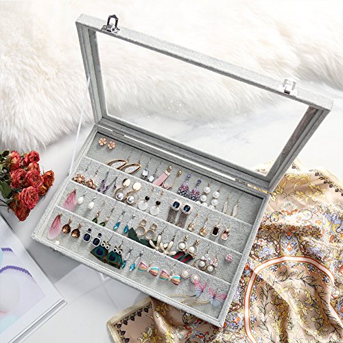 Wudygirl Velvet Jewelry Organizer Clear Lid Earring Holder Organizer 32 Pairs Earrings Storage Stud Tray Showcase Display Case（Earring Storage） - color: Gray, size: Earring