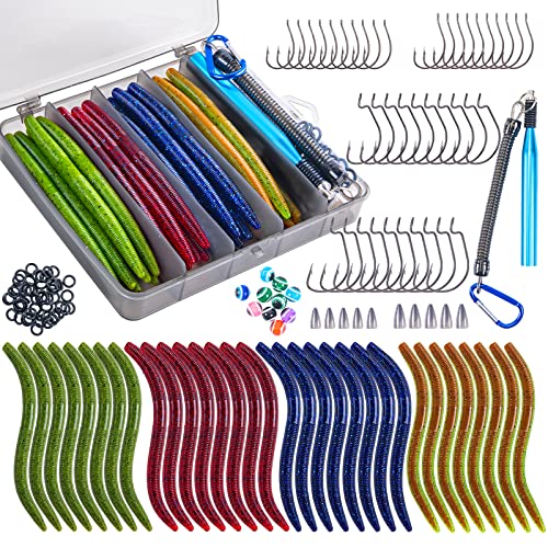 Goture Wacky Worm Fishing Lure Kit with Soft Plastics, Wacky Rig Tools, O-Rings, Worm & Drop Shot Hooks, Beads, Weights & Tackle Box - color: A-143pcs Wacky Worm Tool Kit(4" Soft Worm)