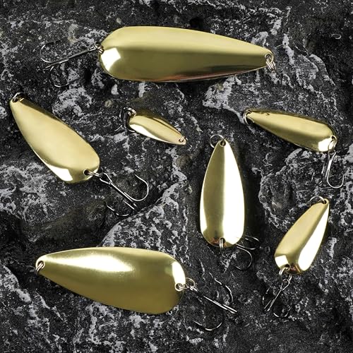 Fishing Spoons Metal Fishing Lures Kit, 5pcs Gold Metal Jigging Trout Lures Casting Trolling Spoon with with Treble Hooks for Trout Bass Pike Walleye Crappie Bass Salmon - size: 1/8oz