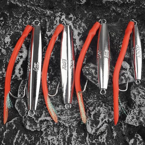 Diamond Jigs Saltwater Fishing Lures,Casting Jigging Spoon with Split Tube Tail Stainless Steel Hook Metal Jig Spoon Baits for Deep Sea Offshore Surf Fishing Bottom Sinking - color: Red-1pc, size: 2oz