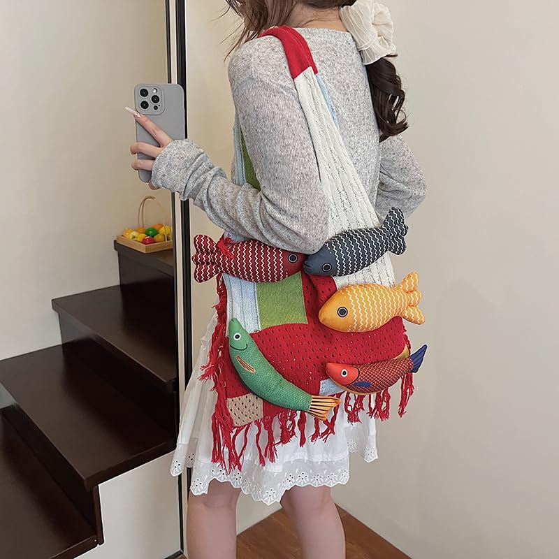 Bohemian style travel handbag for women large-capacity woven bag vacation beach seaside tote bag crochet purse - color: Red