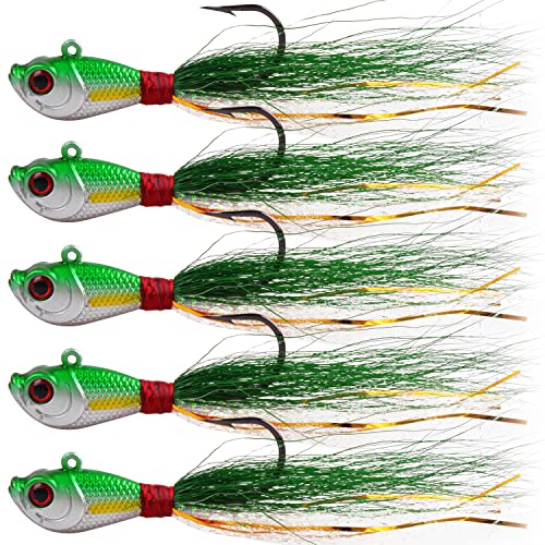 Bucktail Jigs Saltwater Fishing Lures, 5pcs Premium Bucktail Hair Jigs Head Saltwater Striper Lures for Bass Flounder Bluefish Halibut Redfish Surf Fishing 1/4oz 1/2oz 1oz 1.5oz 2oz - color: Green/White, size: 1/4oz
