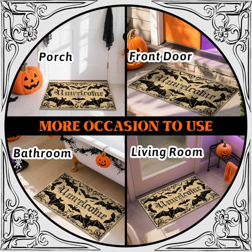 Unwelcome Halloween Doormat Outdoor Indoor Entrance Black Bat Doormat Front Back Door Welcome Door Mat Entryway Floor Mat Inside Outside Non Slip Carpet Porch Hallway Rug Housewarming Gift - color: Halloween