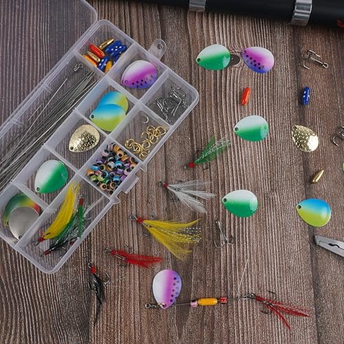 195pcs Spinner Making Kit Fishing Lure Making Kit Spinnerbaits Spinner Blade Clevis Feather Treble Hooks DIY Make Your Own Lure Set for Bass Trout Walleye Lures Fishing Gifts