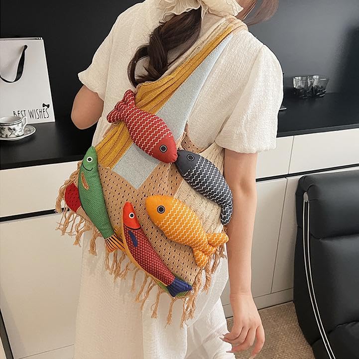 Knitted Beach Shoulder Bag for Women 3D Fish Bohemian Tote Versatile Purse Soft Hobo Handbag for Summer Vacation 2026 - color: A Khaki