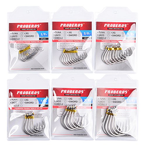 PROBEROS Fishing Hooks Extra Strong Stainless High Carbon Steel Jigging Jigs Big Large Bait Fish Hook Saltwater Circle Hooks Size 1/0-13/0 20pcs/Pack - size: 7/0#-20pcs/set
