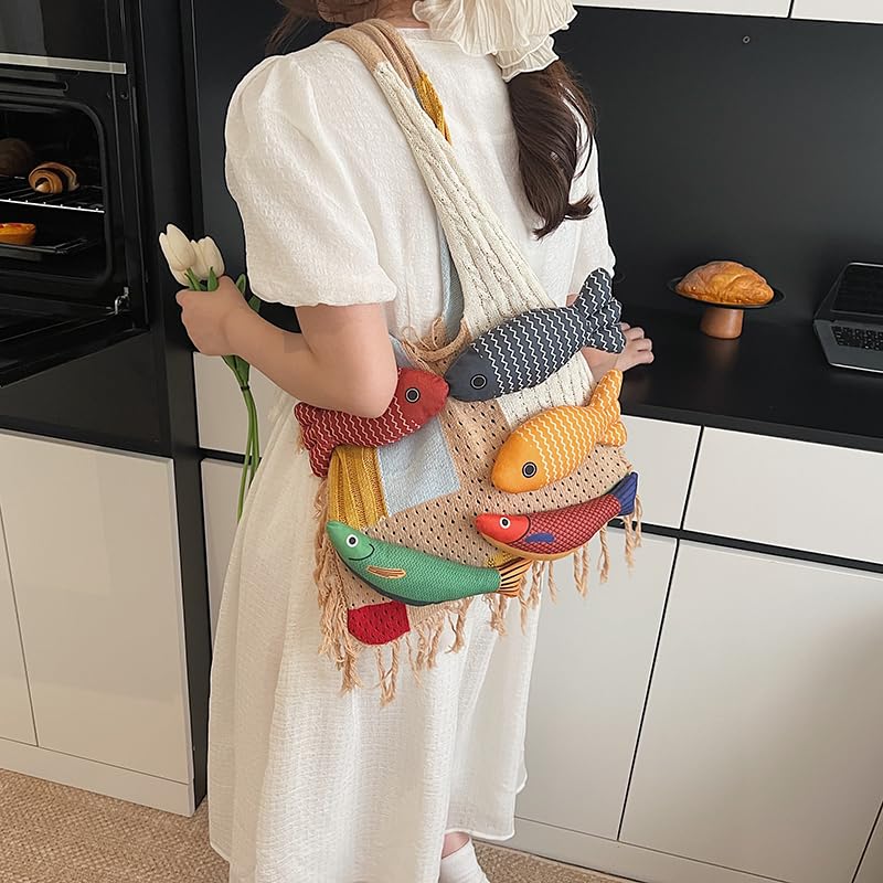 Bohemian style travel handbag for women large-capacity woven bag vacation beach seaside tote bag crochet purse - color: Khaki