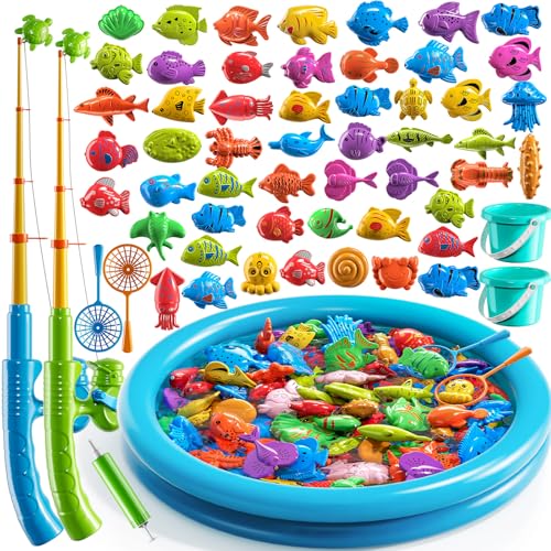 TEMI Magnet Fishing Game for Kids 4-8, Fish Toys for Kids 3-5, Bathtub Floating Fishing Pole, Water Table Pool with Rod Net, Summer Water Play Indoor and Outdoor, Gifts for Holiday for Boy and Girls - size: Round Pool
