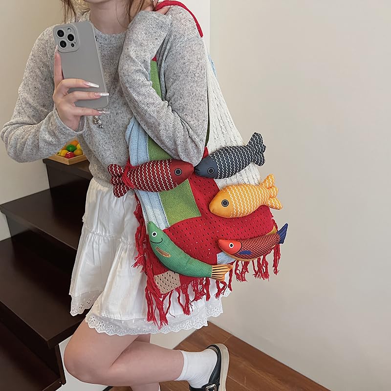 Bohemian style travel handbag for women large-capacity woven bag vacation beach seaside tote bag crochet purse - color: Red