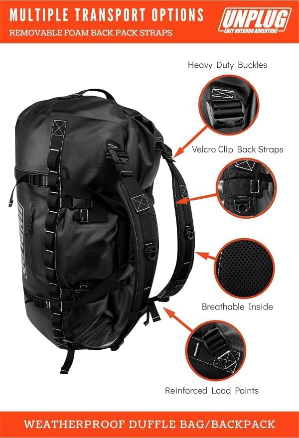UNPLUG Ultimate Adventure | 1680D Heavy Duty Waterproof Bag | Large Travel Bag which can be Used for Camping, Motorcycling, Boating, or Hunting| 65L BLACKOPS - color: BlackOps, size: 65L