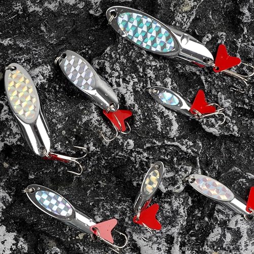 Fishing Lures Casting Spoon Lure, 5pcs Hard Metal Spoon Fishing Lures for Trout Bass Crappie Pike Walleye Saltwater Freshwater Fishing Gear 3/16oz-2oz - color: Silver-red heart, size: 3/2oz(42g)