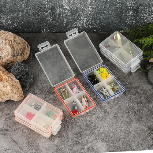 JUXYES Pack of 6 Plastic Small Fishing Tackle Box Organizer with 4 Compartments, Clear Mini Fishing Tackle Storage Boxes with Dividers, Transparent Fish Pocket Tackle Storage Box Lure Box - size: 6 Pack