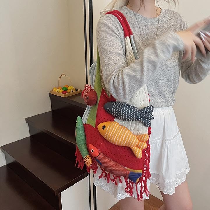 Knitted Beach Shoulder Bag for Women 3D Fish Bohemian Tote Versatile Purse Soft Hobo Handbag for Summer Vacation 2026 - color: A Red