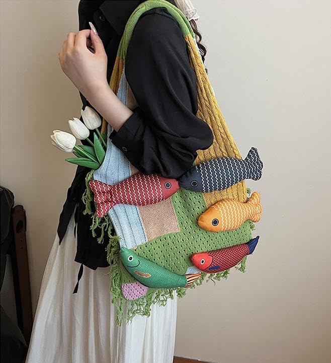Knitted Beach Shoulder Bag for Women 3D Fish Bohemian Tote Versatile Purse Soft Hobo Handbag for Summer Vacation 2026 - color: A Green