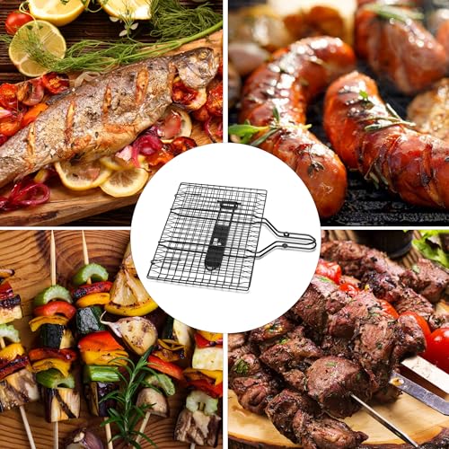 UNCO- BBQ Grill Basket, Folding Portable Stainless Steel BBQ Grill Basket with with Removable Wooden Handle & Basting Brush for Vegetables, Shrimp, Fish, Locking Grilling Basket for Outdoor, Camping - color: Black