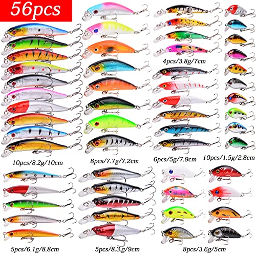 Aorace Fishing Lures Kit Mixed Including Minnow Popper Crank Baits with Hooks for Saltwater Freshwater Trout Bass Salmon Fishing - color: Item-E 56pcs