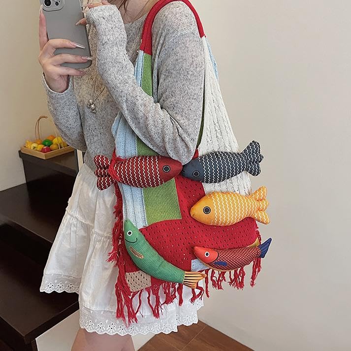 Knitted Beach Shoulder Bag for Women 3D Fish Bohemian Tote Versatile Purse Soft Hobo Handbag for Summer Vacation 2026 - color: A Red
