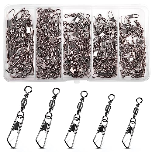 SILANON Fishing Barrel Swivel with Safety Snap,145/160pcs High Strength Fishing Snap Swivels Stainless Steel Line Connector Saltwater Fishing Tackle Accessories - style: 145pcs Kit (4,6,8,10,12#)