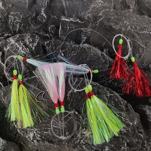Eupheng Fluke Flounder Hi-Lo Rig, 3/0 5/0 5PCS Saltwater Fishing Bait Rigs with Mylar Teaser for Surf Ocean Fishing Sea Bass Halibut Rockfish Cod - size: Circle Hook-#3/0-5PCS