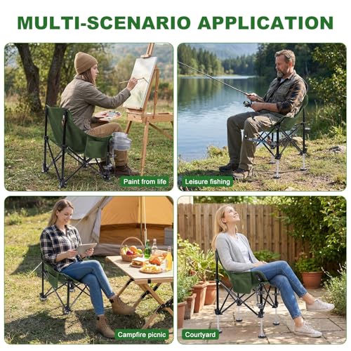Folding Fishing Chair with Complete Accessories, Portable Camping Chair for Outdoor Fishing, 220LBS Load-Bearing, Non-Slip All-Terrain Design with Storage Bags, Carbon Steel Fishing Chair - color: Green