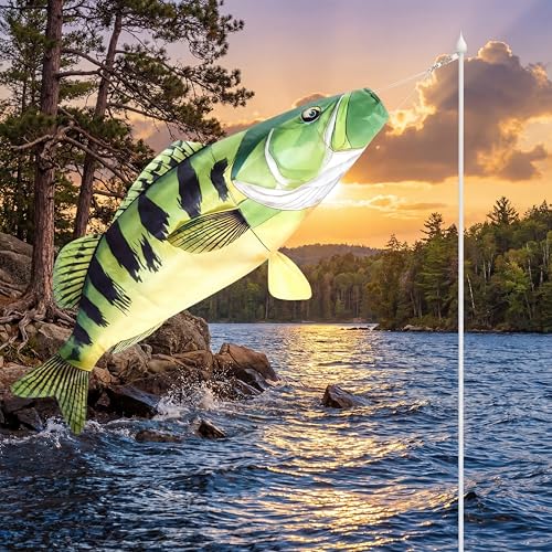 Newwiee 1 Pcs 45" Fishing Windsock for Outdoor Decor, Heavy Duty Fade Resistant Hanging Flag with Swivel Clip for Boat Dock Lake House Patio Yard, Fishing Gift for Men Dad Fisherman (Bass) - style: Bass