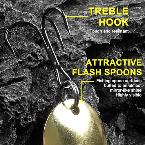Fishing Spoons Fishing Lures Kit, 5pcs Gold Metal Jigging Casting Lure Trolling Spoon with with Treble Hooks for Trout Salmon Bass Walleye Trout - size: 1/2oz(15g)