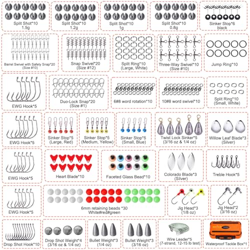 Fishing Tackle kit, 308pcs Fishing Accessories Kit, Fishing Hooks, Split Shot Fishing Weights, Swivels, Beads, Lures –Fishing Gear Set for Bass Trout Catfish, Ideal Fishing Gifts for Men