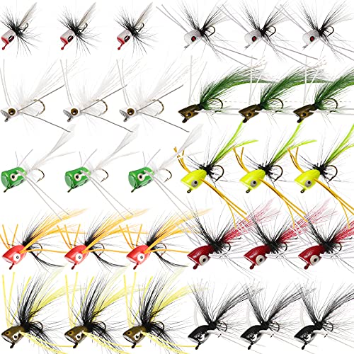 30 Pcs Fly Fishing Poppers Flies Kit, Topwater Bass Popper Lures with Hooks Colorful Freshwater Fly Popper Assortment for Bluegill Panfish Perch Crappie(Size 8 and 10 - color: Various Colors