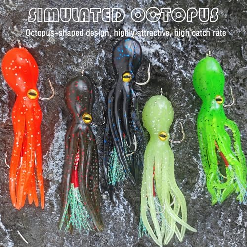 5 Pack Octopus Fishing Soft Lures Swimbait with Skirt Tail Lingcod Rockfish Jigs Baits Trolling Lures for Saltwater Fishing