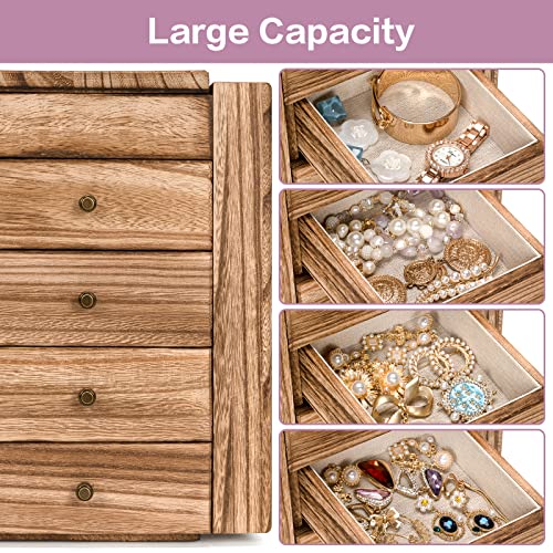 Meangood Jewelry Box Wood for Women, 5-Layer Large Organizer Box with Mirror & 4 Drawers for Rings, Earrings, Necklaces, Vintage Style, Torched Wood - color: 5 Layer Carbonized Black, size: 5 Layer