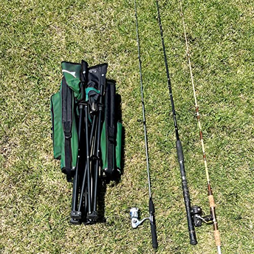 EASYGO PRODUCTS Fishing Chair with Rod Holder – Built in Cooler – Hands Free Fishing Pole Holder - Storage Pouch – Full Size Portable & Folding – Ruler for Measuring Fish, Fishing Chair Green