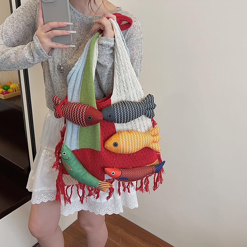 Bohemian style travel handbag for women large-capacity woven bag vacation beach seaside tote bag crochet purse - color: Red