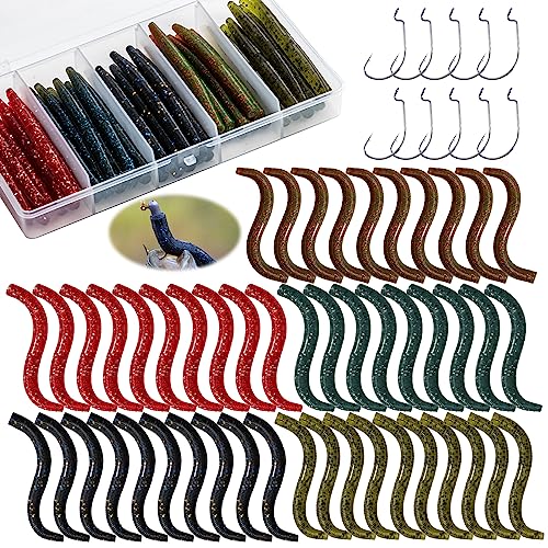 Goture Wacky Worm Fishing Lure Kit with Soft Plastics, Wacky Rig Tools, O-Rings, Worm & Drop Shot Hooks, Beads, Weights & Tackle Box - color: C-50pcs 3" Wacky Worms &10pcs Hooks with Box